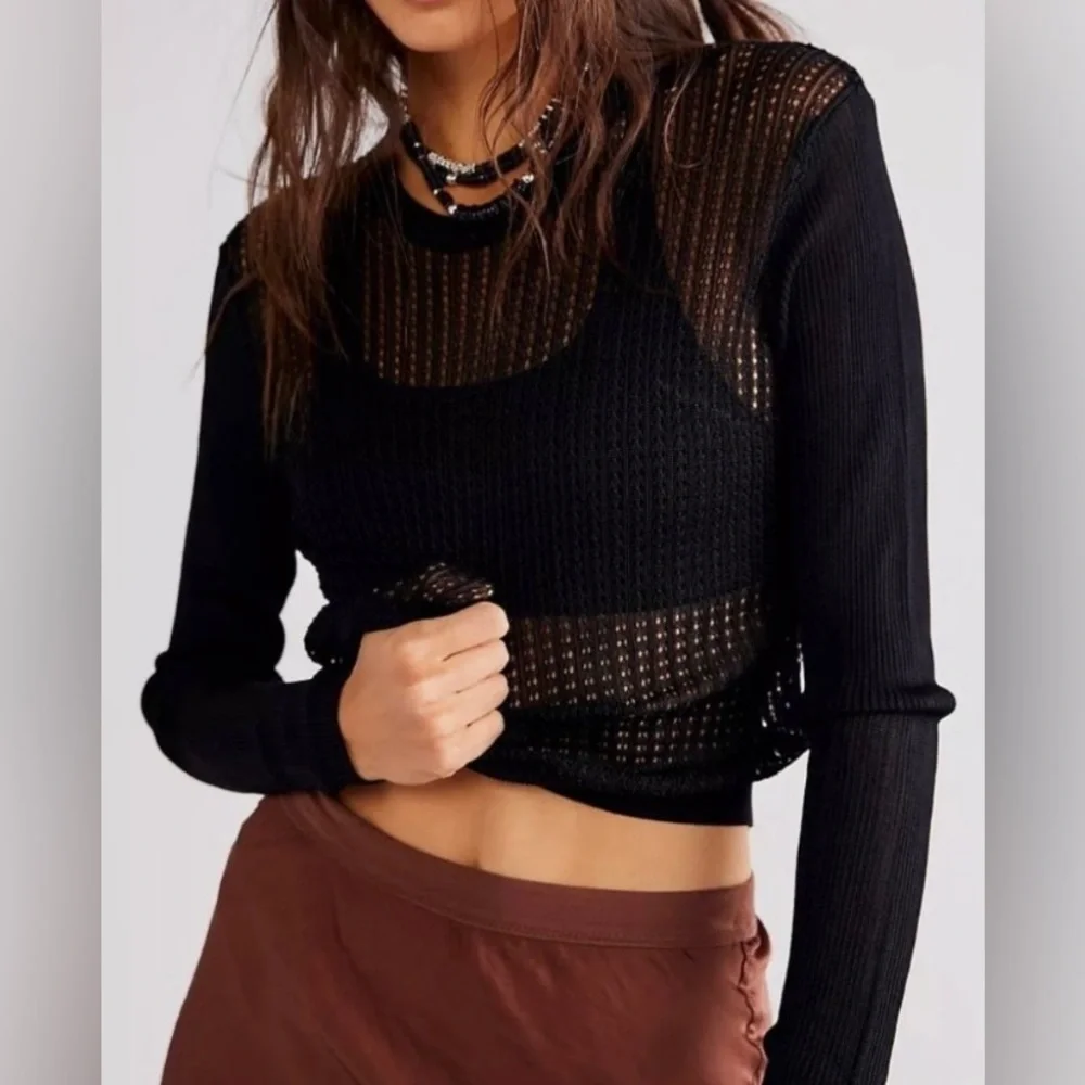NWT Free People H2O Crew Pullover Open Weave Knit Crop Top Black Size S